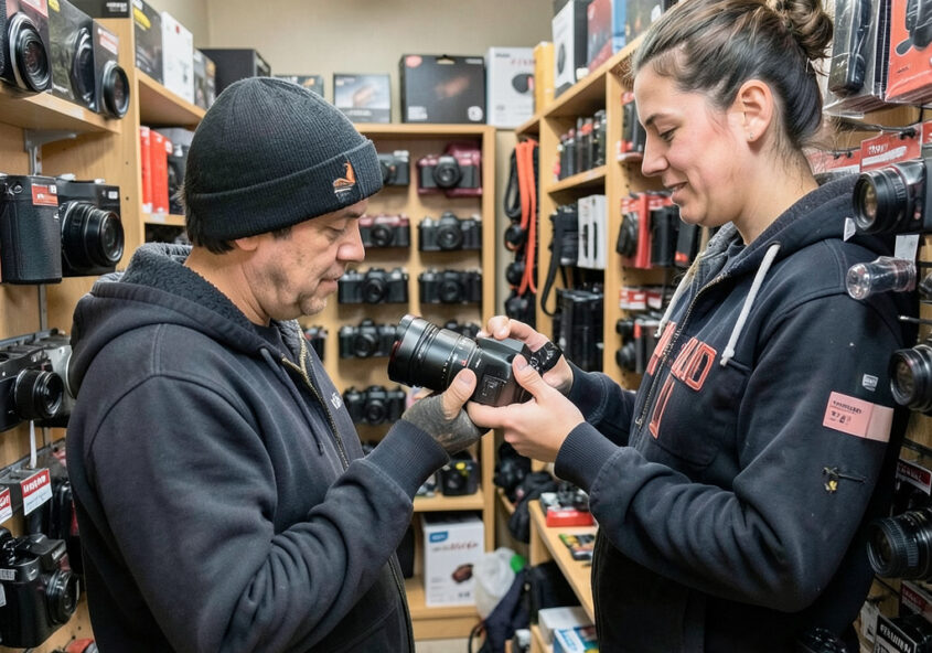 photographer selecting a camera